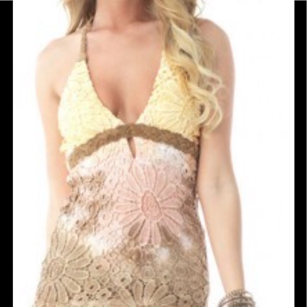 Sky Genuine Suede Leather Yellow Crochet Lace Top